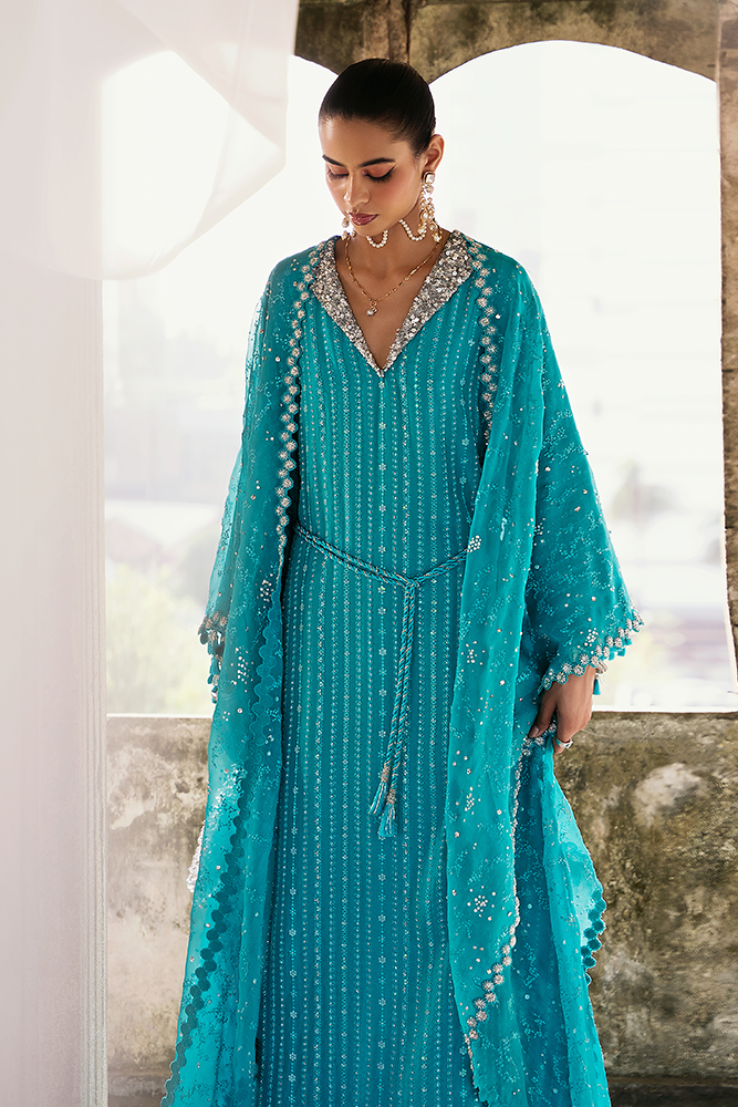 Model Wearing Suffuse by Sana Yasir NAIDA Aqua Teal kaftan-style long shirt with straight pants for Formal Events- Pakistani Designer wear for Women in UK | Kifat