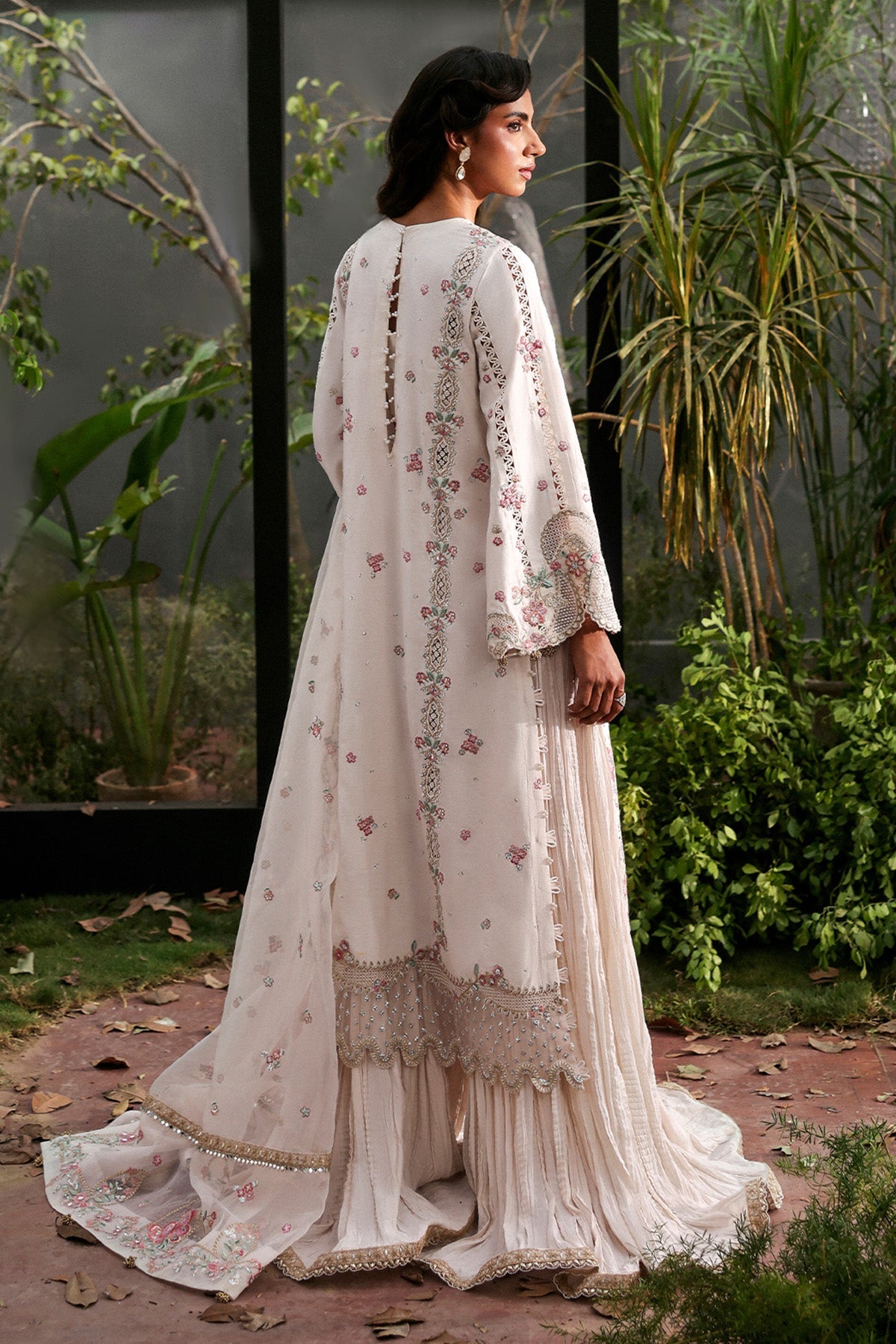 Women Wearing Rue White Front Open Shirt With Crushed Sharara  For Festive Events - Pakistani Designer Wear For Women In Uk | Kifat