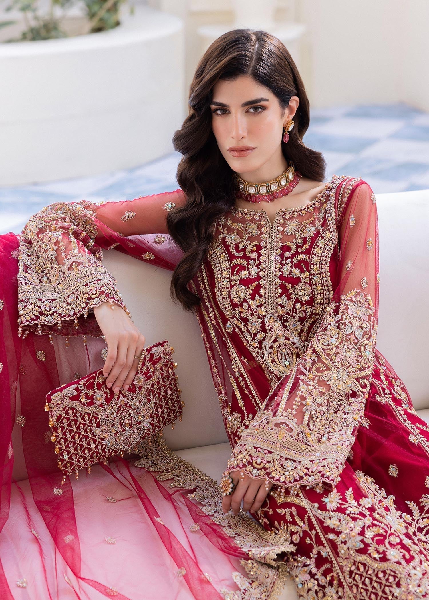 Kanwal Malik Deep Red Shirt with wide-leg silhouette for Luxury Wedding wear - Pakistani Designer Wear for Women in UK | Kifat
