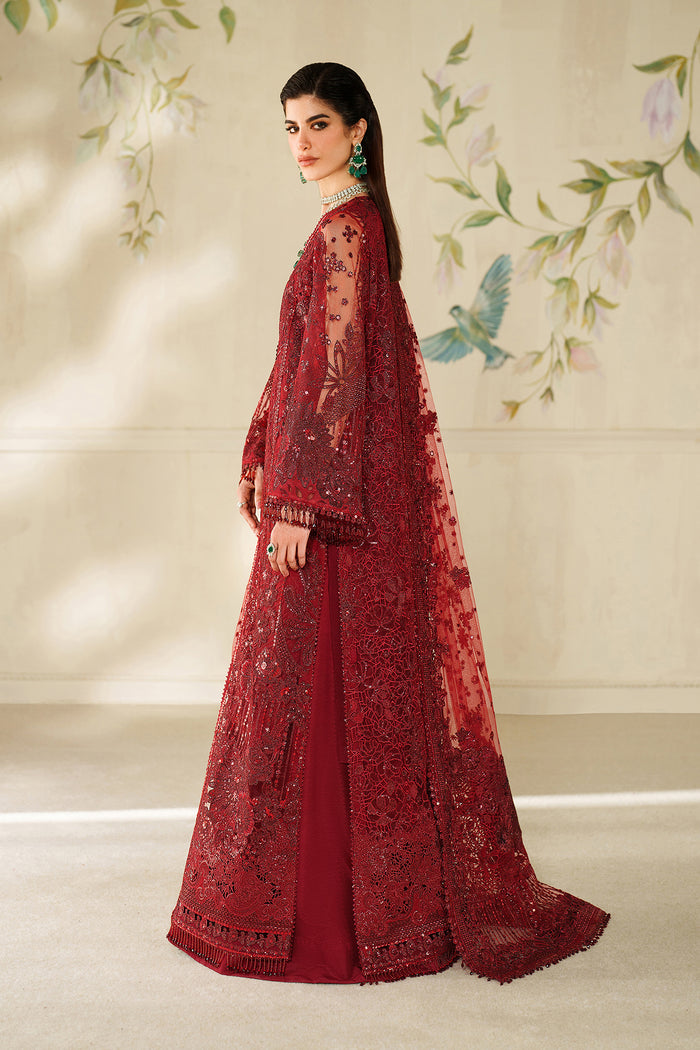 Baroque CH14-01 Maroon Sleek Long Shirt with Crushed Sharara,Front Open Gown with Sharara Pants for Wedding Wear - Pakistani Designer Wear for Women in UK | Kifat