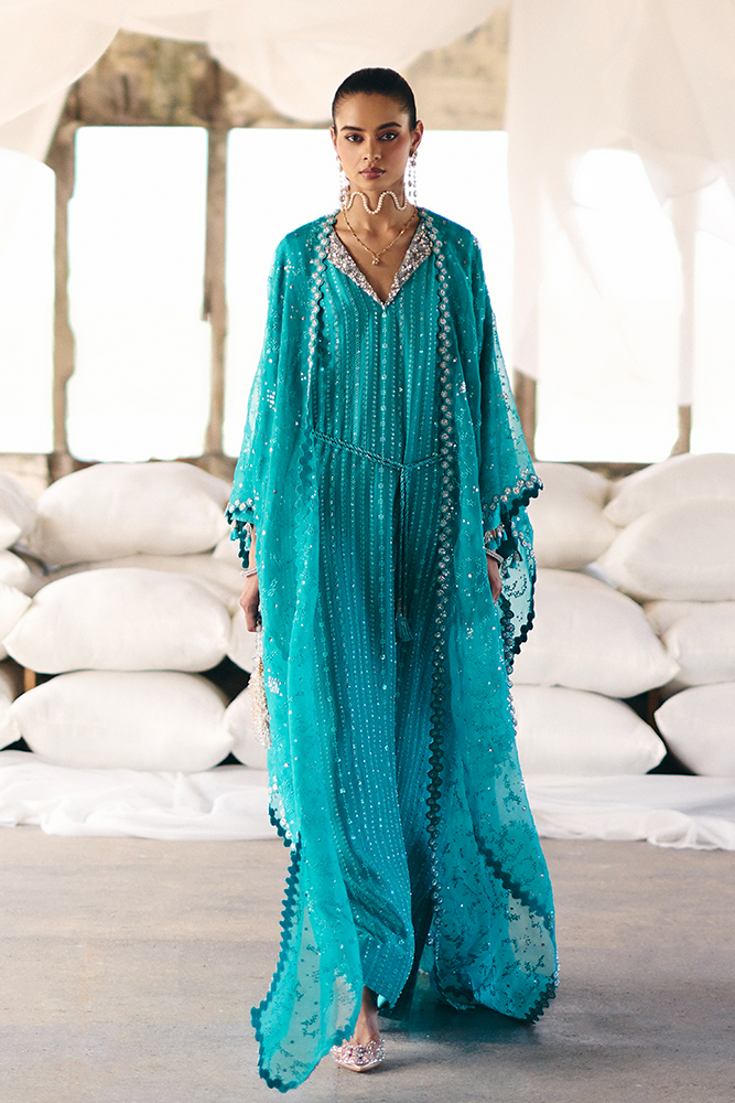Model Wearing Suffuse by Sana Yasir NAIDA Aqua Teal kaftan-style long shirt with straight pants for Formal Events- Pakistani Designer wear for Women in UK | Kifat
