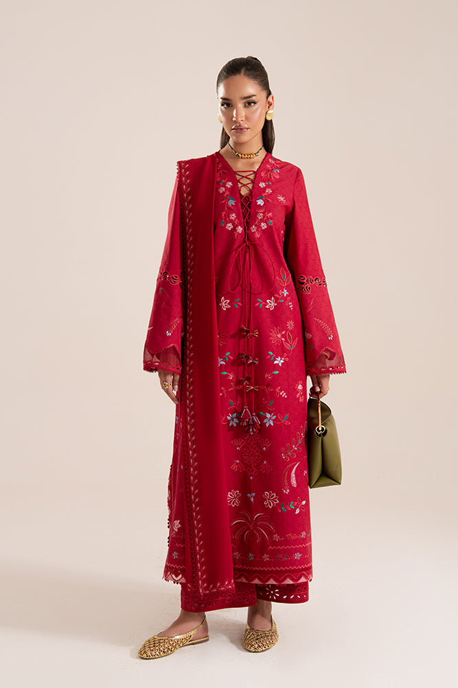 Model Wearing Suffuse by Sana Yasir NIVVI Ruby Red Straight shirt with culottes for Casual Dress- Pakistani Designer wear for Women in UK | Kifat