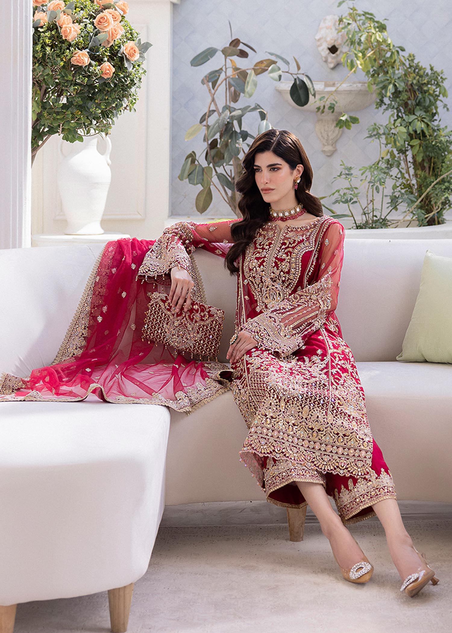 Kanwal Malik Deep Red Shirt with wide-leg silhouette for Luxury Wedding wear - Pakistani Designer Wear for Women in UK | Kifat