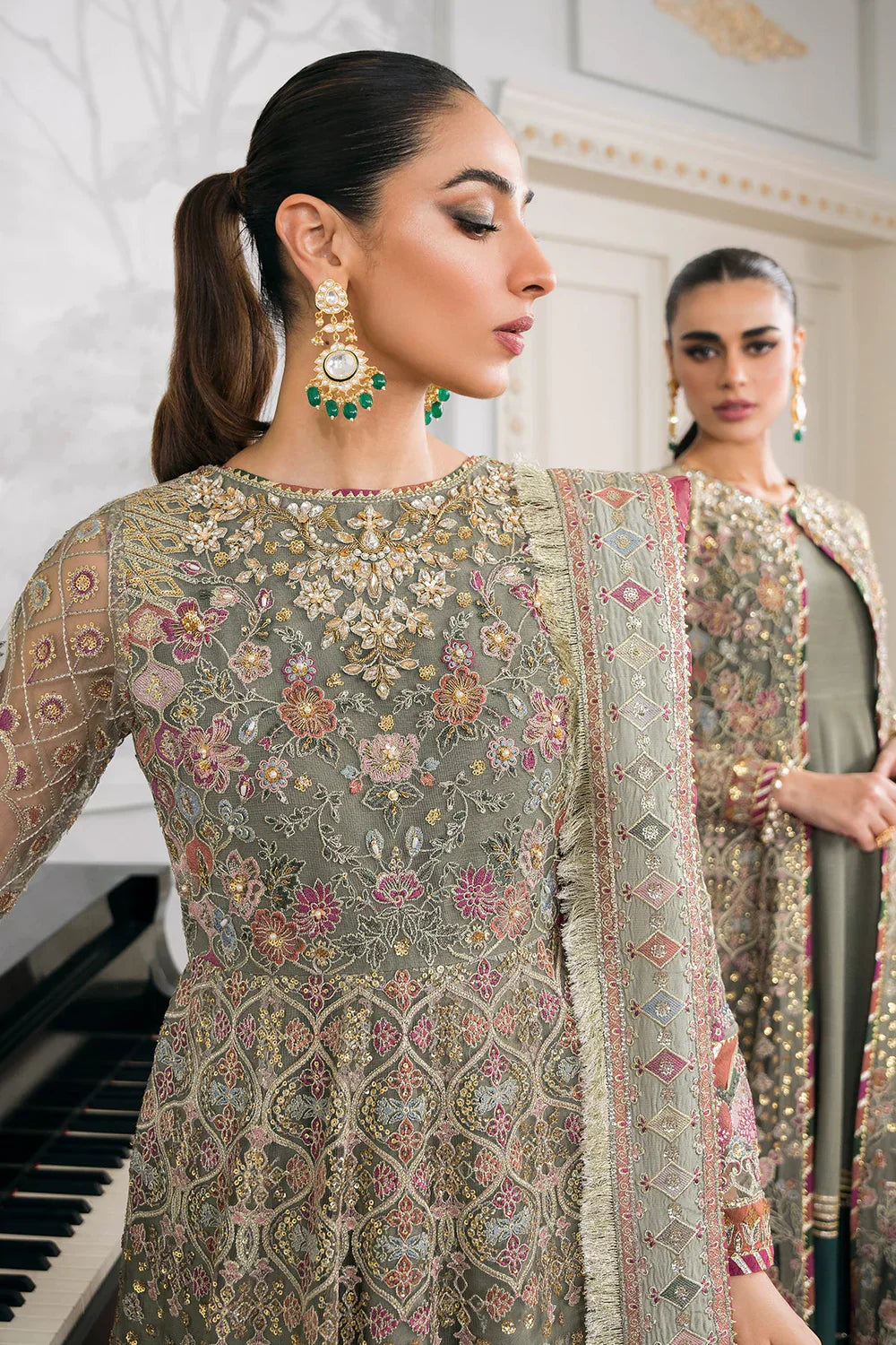 Baroque CH12-02 Sage Green Frock,Gown for Wedding Wear - Pakistani Designer Wear for Women in UK | Kifat