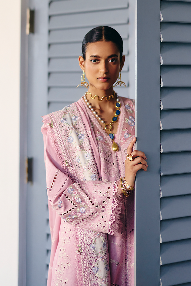 Model Wearing Suffuse by Sana Yasir SAFAR Lilac Pink front-open shirt with culottes for Casual Dress- Pakistani Designer wear for Women in UK | Kifat