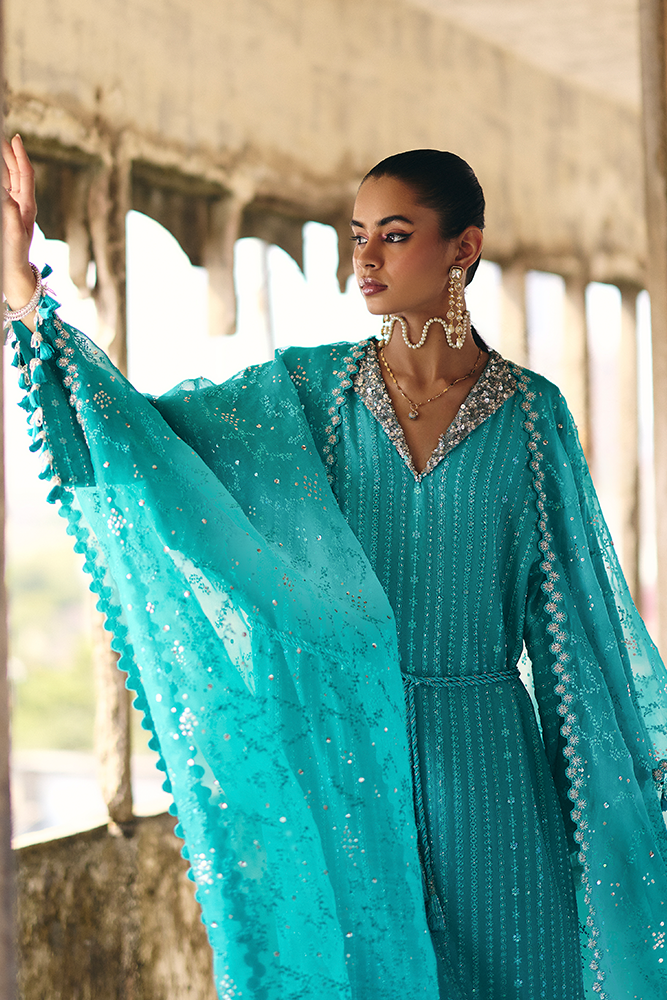 Model Wearing Suffuse by Sana Yasir NAIDA Aqua Teal kaftan-style long shirt with straight pants for Formal Events- Pakistani Designer wear for Women in UK | Kifat