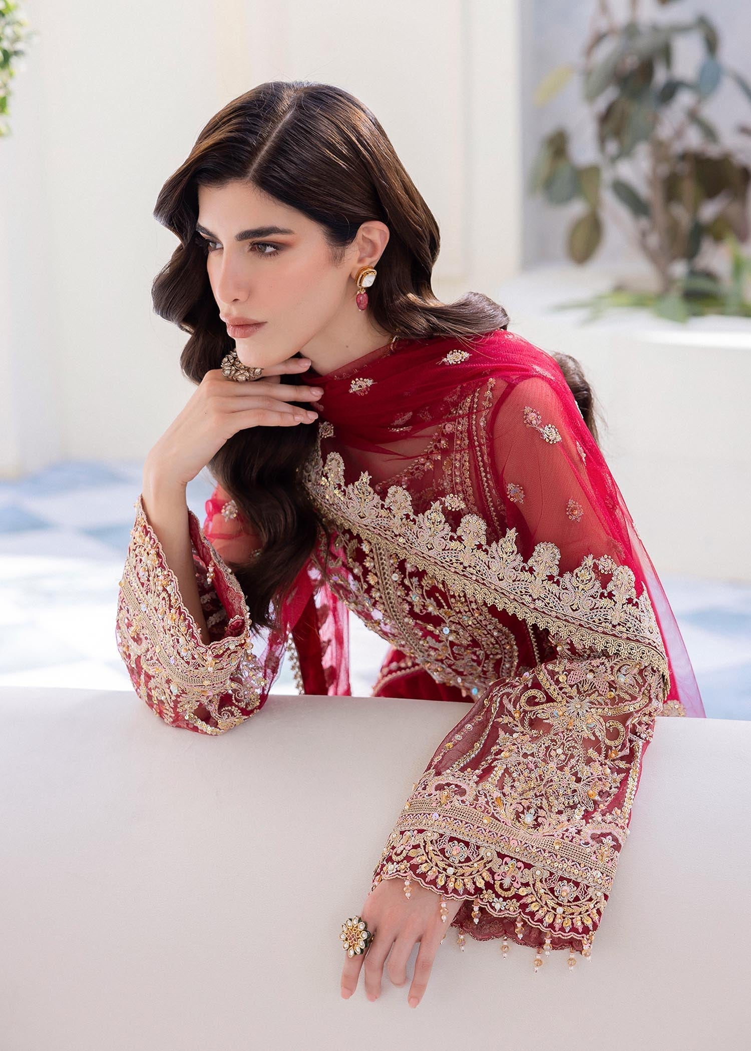 Kanwal Malik Deep Red Shirt with wide-leg silhouette for Luxury Wedding wear - Pakistani Designer Wear for Women in UK | Kifat