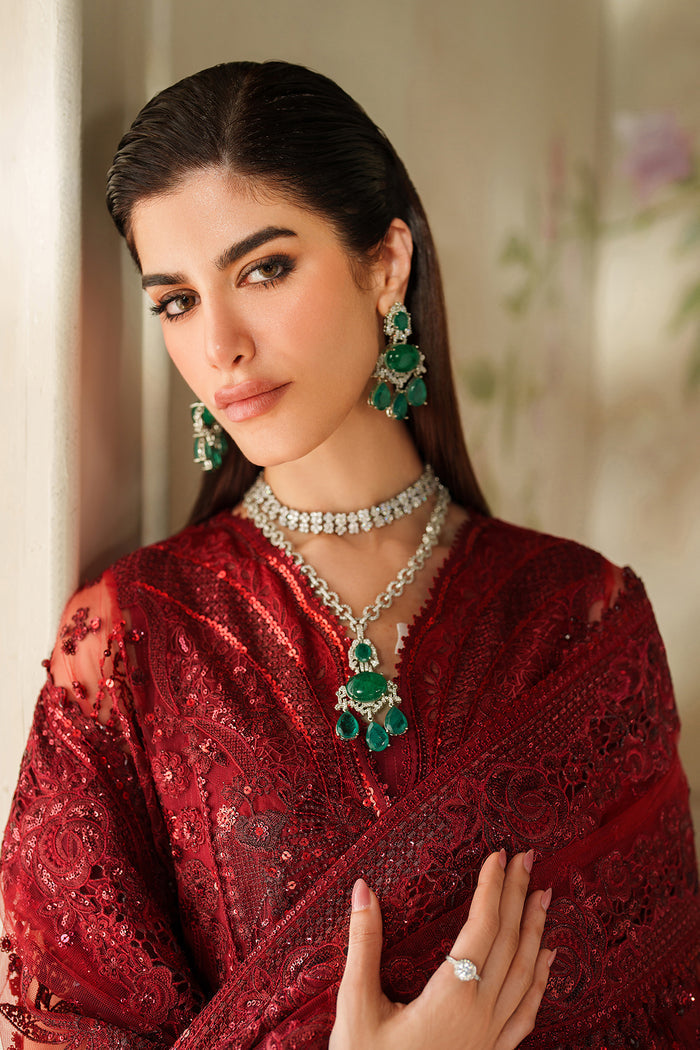Baroque CH14-01 Maroon Sleek Long Shirt with Crushed Sharara,Front Open Gown with Sharara Pants for Wedding Wear - Pakistani Designer Wear for Women in UK | Kifat