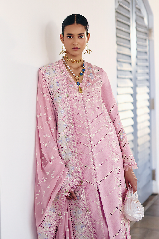 Model Wearing Suffuse by Sana Yasir SAFAR Lilac Pink front-open shirt with culottes for Casual Dress- Pakistani Designer wear for Women in UK | Kifat