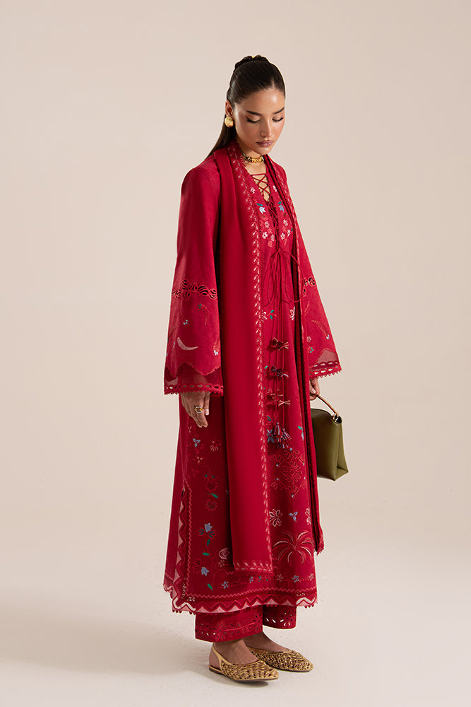 Model Wearing Suffuse by Sana Yasir NIVVI Ruby Red Straight shirt with culottes for Casual Dress- Pakistani Designer wear for Women in UK | Kifat