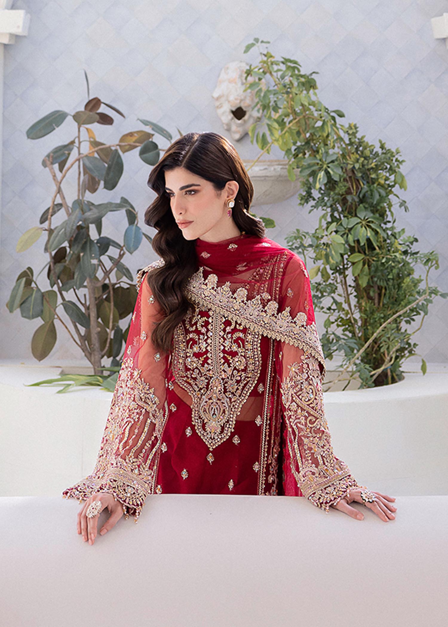 Kanwal Malik Deep Red Shirt with wide-leg silhouette for Luxury Wedding wear - Pakistani Designer Wear for Women in UK | Kifat
