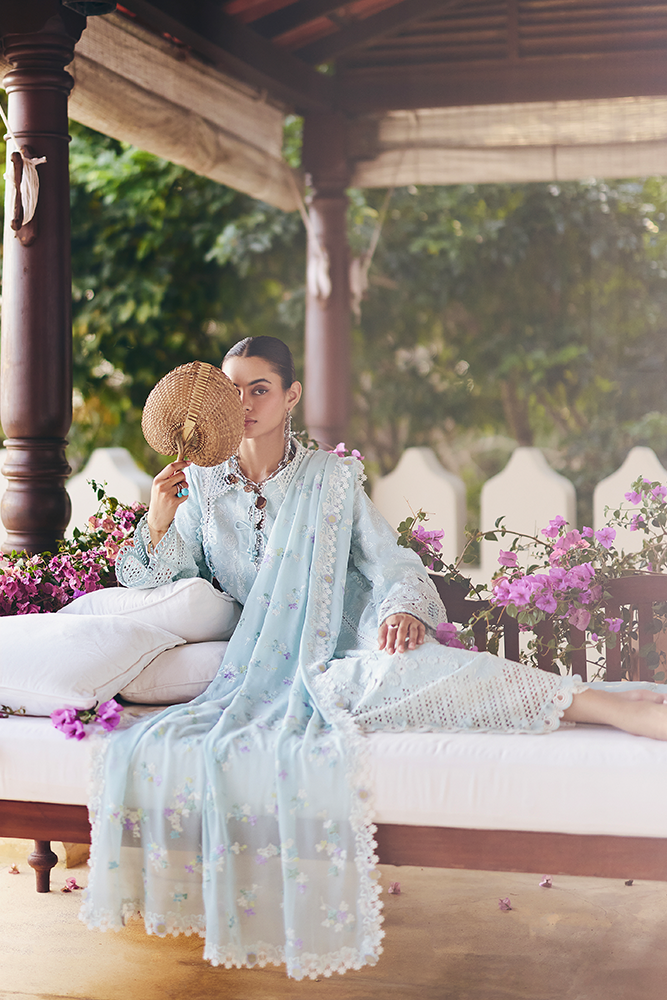Model Wearing Suffuse by Sana Yasir ZARINA Aqua collared shirt with culottes for Casual Dress- Pakistani Designer wear for Women in UK | Kifat