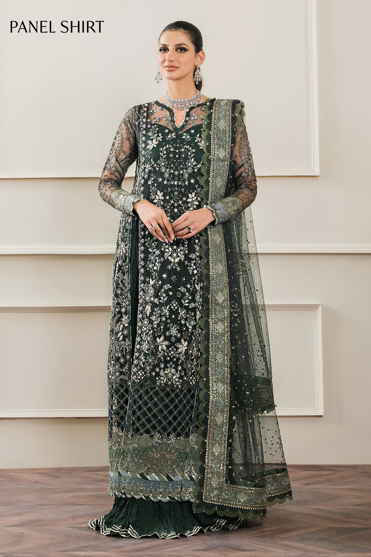 Baroque CH12-05 Green Long Shirt with Sharara,Slit Shirt with Crushed Sharara for Formal Events - Pakistani Designer Wear for Women in UK | Kifat