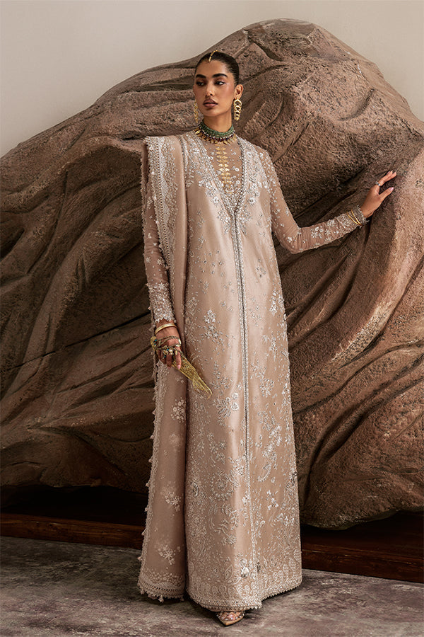 Model Wearing Suffuse by Sana Yasir Ismira Nude Beige Front-Open shirt with bell-cut pants for Wedding Wear - Pakistani Designer wear for Women in UK | Kifat