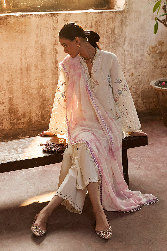 Model Wearing Suffuse by Sana Yasir ZEYRA Off-white front-open shirt with culottes for Casual Dress- Pakistani Designer wear for Women in UK | Kifat