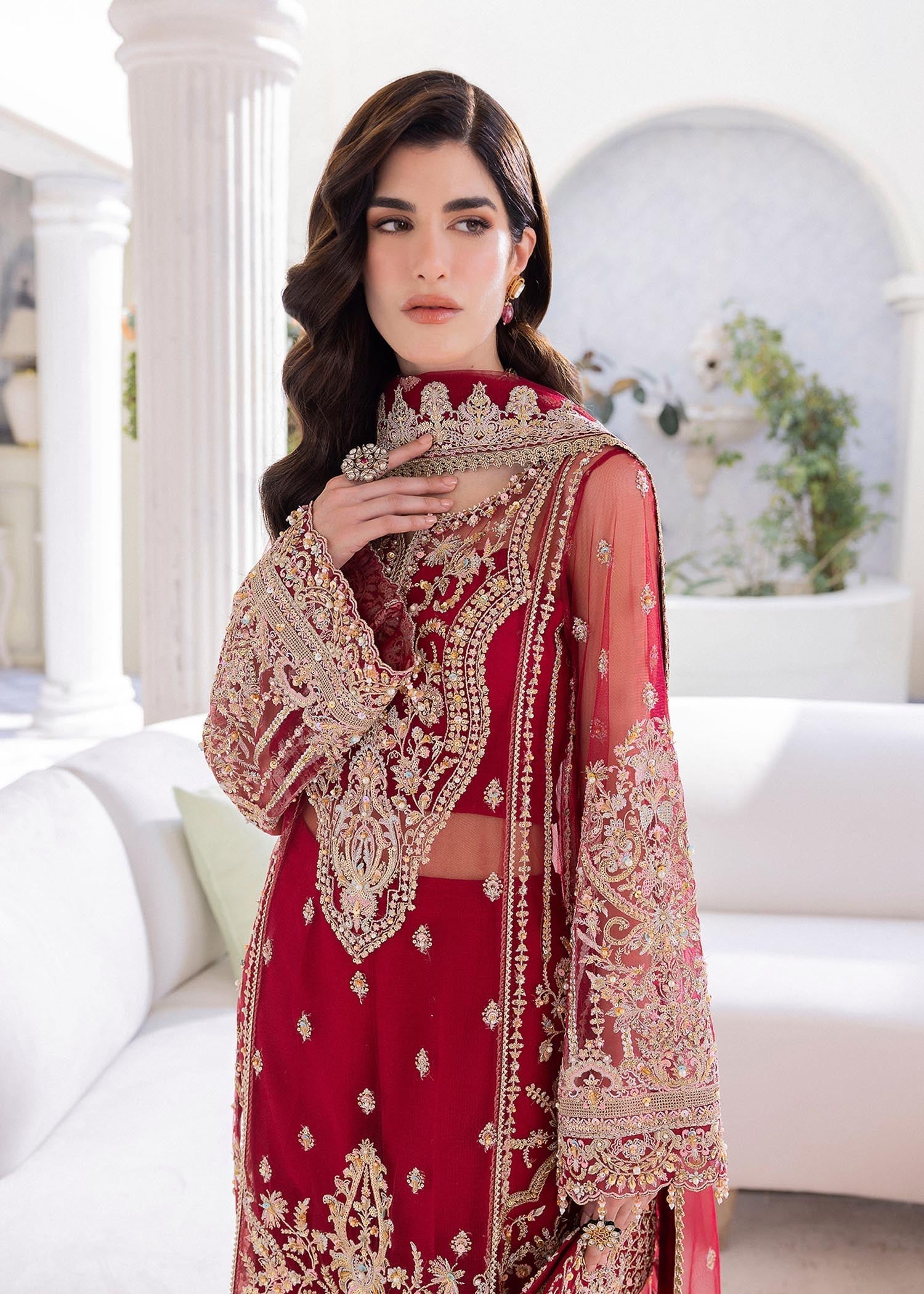 Kanwal Malik Deep Red Shirt with wide-leg silhouette for Luxury Wedding wear - Pakistani Designer Wear for Women in UK | Kifat