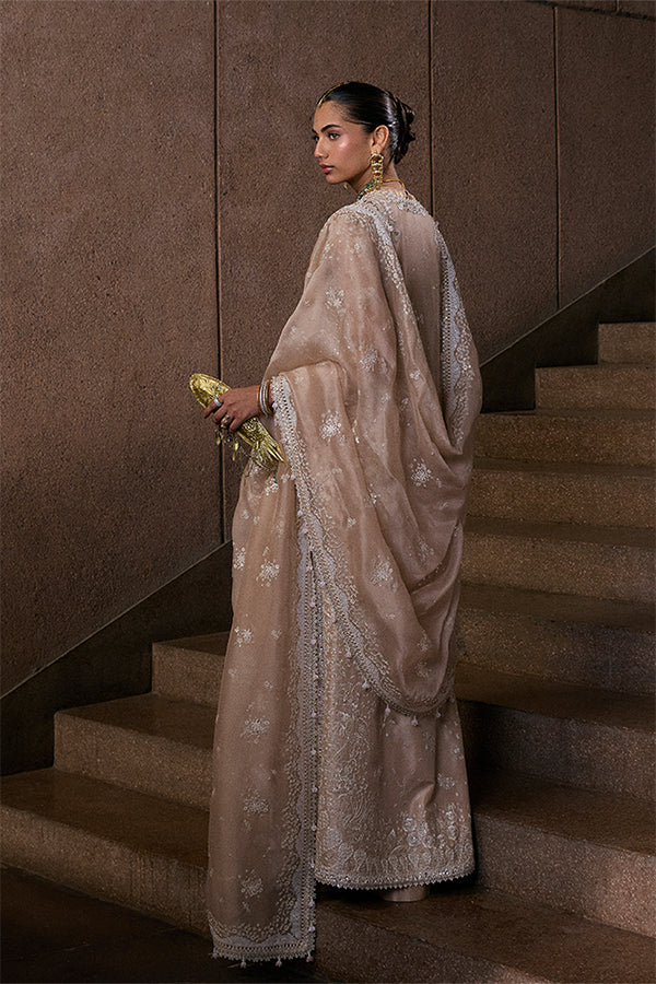 Model Wearing Suffuse by Sana Yasir Ismira Nude Beige Front-Open shirt with bell-cut pants for Wedding Wear - Pakistani Designer wear for Women in UK | Kifat
