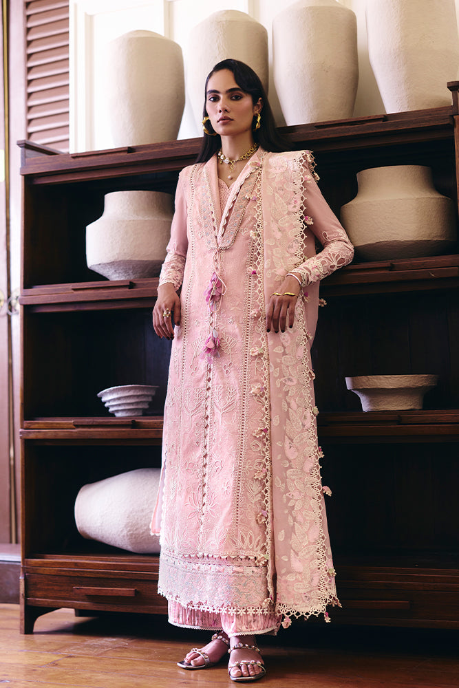 Women Wearing MAHAE Tea Pink Long Shirt with Culottes for Festive Events - Pakistani Designer Wear for Women in UK | Kifat