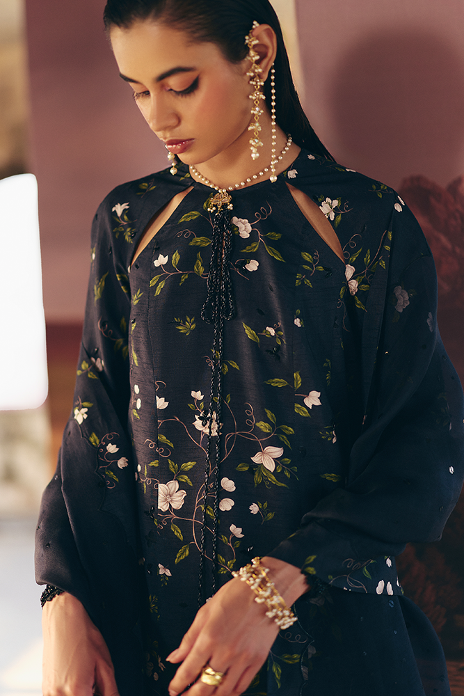 Model Wearing Suffuse by Sana Yasir ZEYARA Raven Black A-line printed shirt with azaar pants for Formal Events- Pakistani Designer wear for Women in UK | Kifat