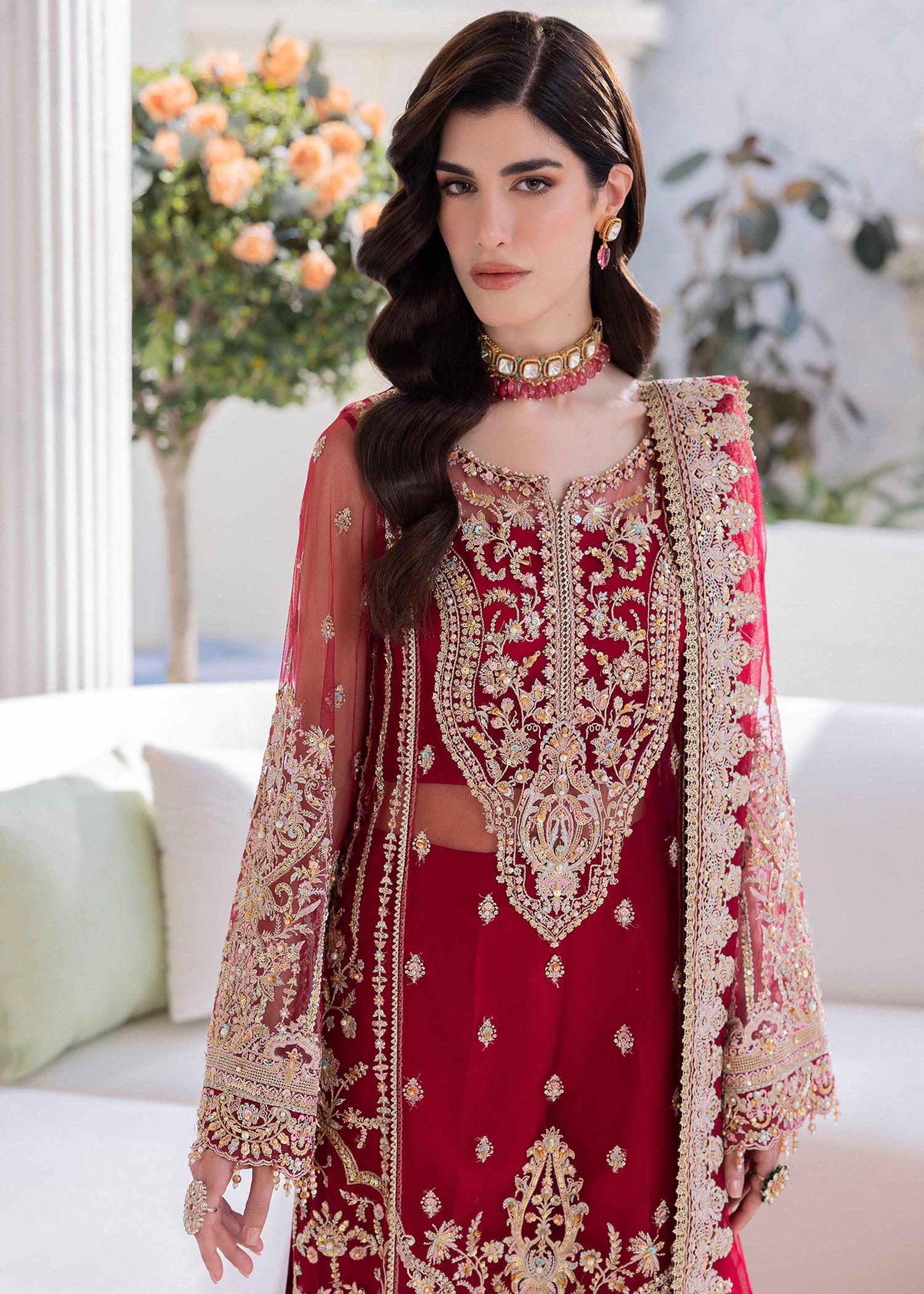 Kanwal Malik Deep Red Shirt with wide-leg silhouette for Luxury Wedding wear - Pakistani Designer Wear for Women in UK | Kifat