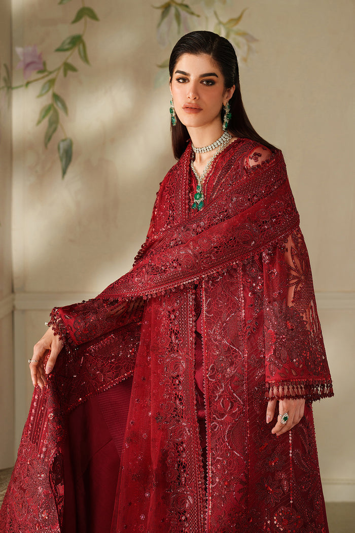 Baroque CH14-01 Maroon Sleek Long Shirt with Crushed Sharara,Front Open Gown with Sharara Pants for Wedding Wear - Pakistani Designer Wear for Women in UK | Kifat