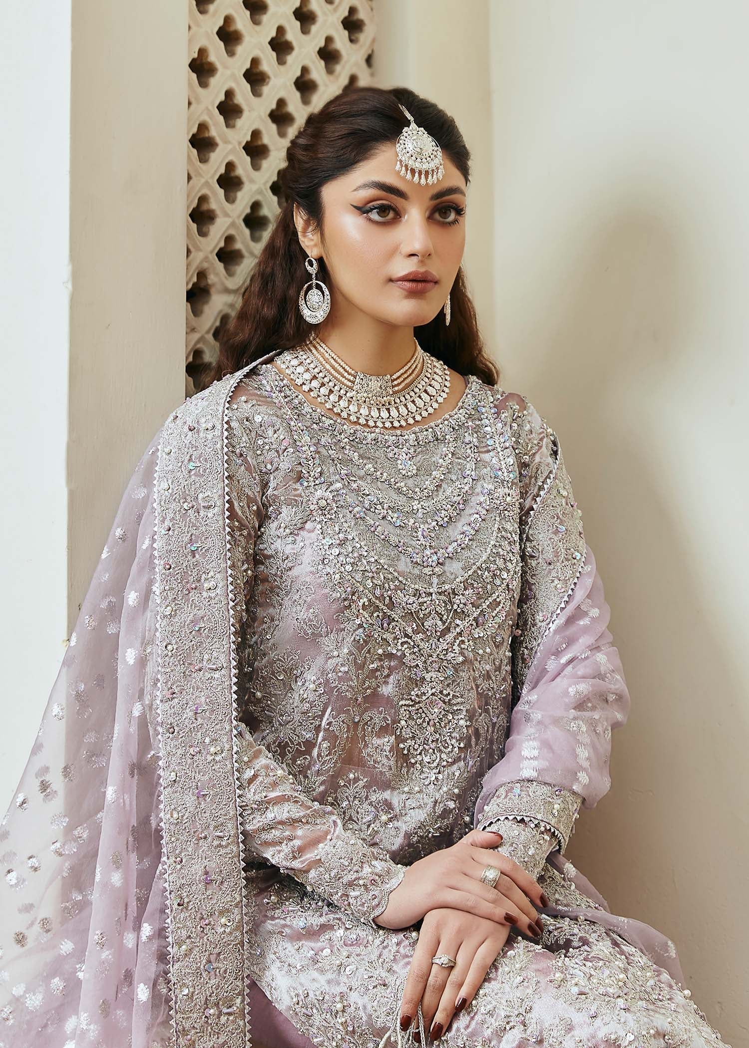 Kanwal Malik Lilac Silver Shirt with culottes pants for Luxury Wedding wear - Pakistani Designer Wear for Women in UK | Kifat
