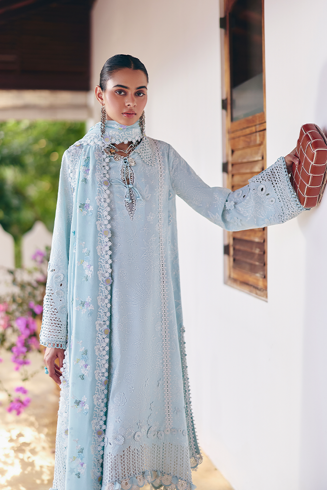 Model Wearing Suffuse by Sana Yasir ZARINA Aqua collared shirt with culottes for Casual Dress- Pakistani Designer wear for Women in UK | Kifat