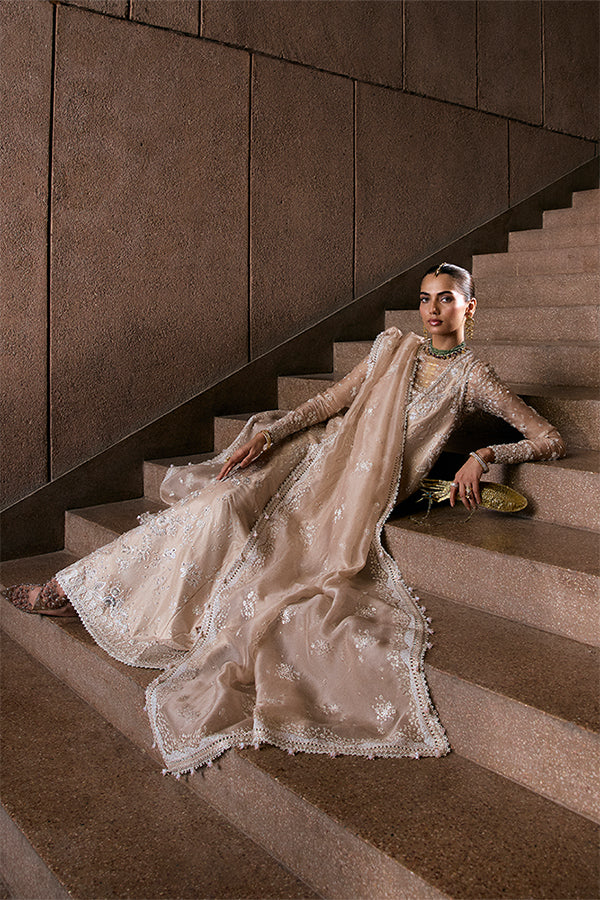 Model Wearing Suffuse by Sana Yasir Ismira Nude Beige Front-Open shirt with bell-cut pants for Wedding Wear - Pakistani Designer wear for Women in UK | Kifat