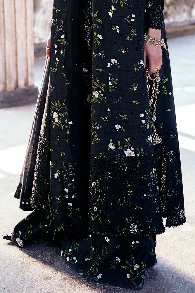 Model Wearing Suffuse by Sana Yasir ZEYARA Raven Black A-line printed shirt with azaar pants for Formal Events- Pakistani Designer wear for Women in UK | Kifat