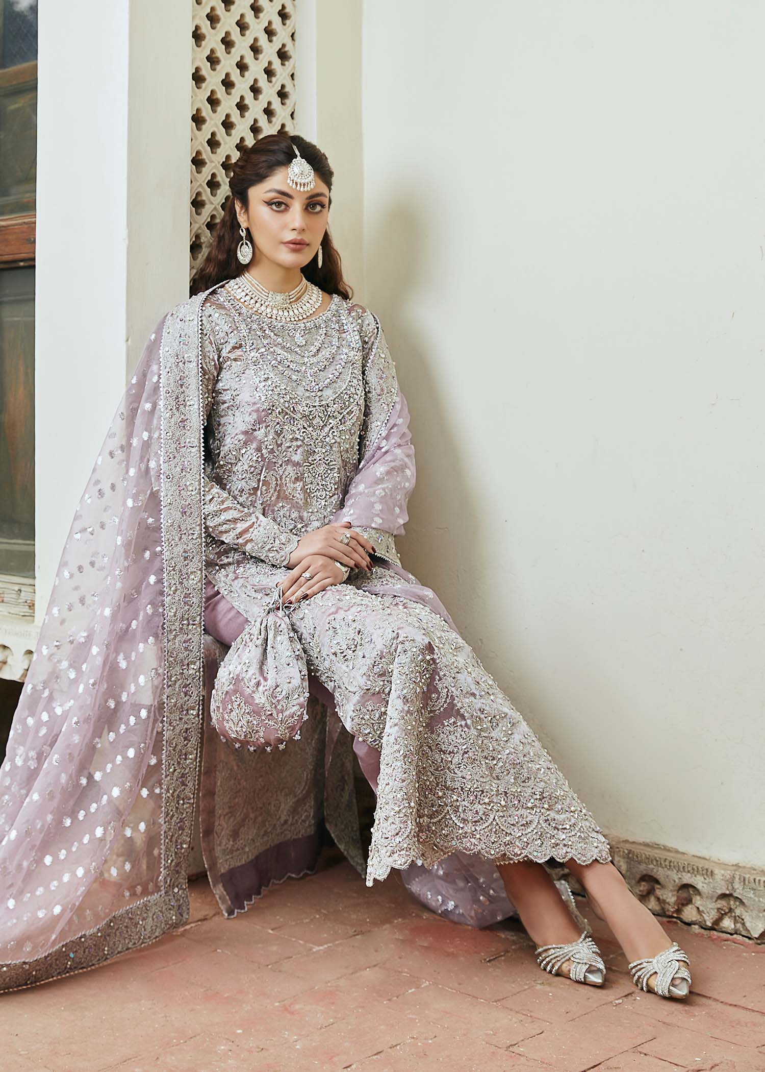 Kanwal Malik Lilac Silver Shirt with culottes pants for Luxury Wedding wear - Pakistani Designer Wear for Women in UK | Kifat
