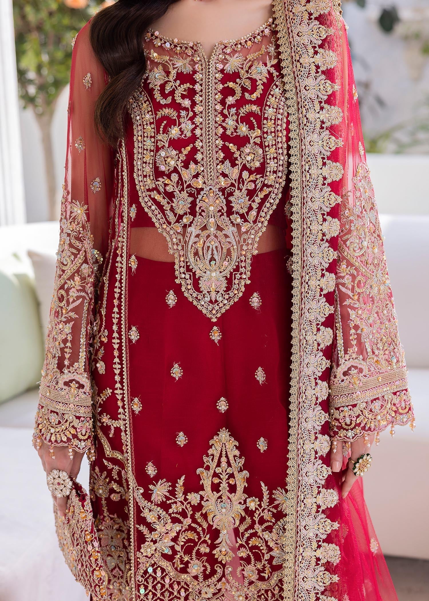 Kanwal Malik Deep Red Shirt with wide-leg silhouette for Luxury Wedding wear - Pakistani Designer Wear for Women in UK | Kifat