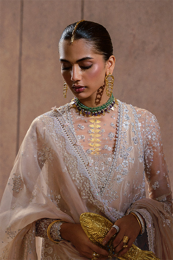 Model Wearing Suffuse by Sana Yasir Ismira Nude Beige Front-Open shirt with bell-cut pants for Wedding Wear - Pakistani Designer wear for Women in UK | Kifat