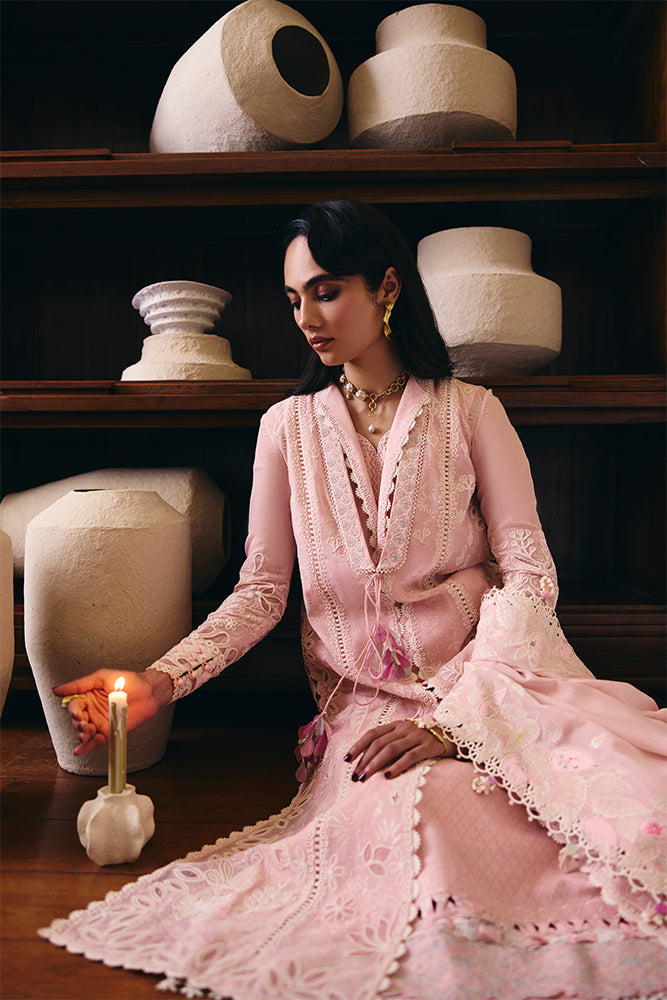 Women Wearing MAHAE Tea Pink Long Shirt with Culottes for Festive Events - Pakistani Designer Wear for Women in UK | Kifat