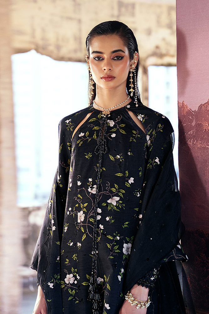 Model Wearing Suffuse by Sana Yasir ZEYARA Raven Black A-line printed shirt with azaar pants for Formal Events- Pakistani Designer wear for Women in UK | Kifat
