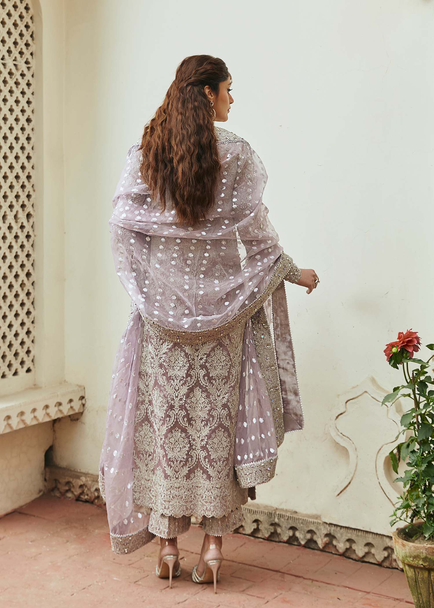 Kanwal Malik Lilac Silver Shirt with culottes pants for Luxury Wedding wear - Pakistani Designer Wear for Women in UK | Kifat