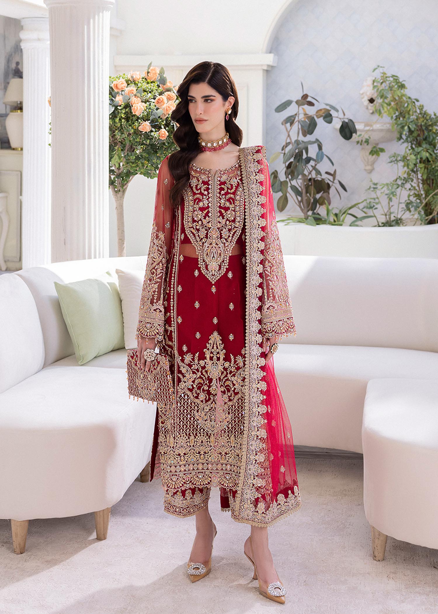 Kanwal Malik Deep Red Shirt with wide-leg silhouette for Luxury Wedding wear - Pakistani Designer Wear for Women in UK | Kifat