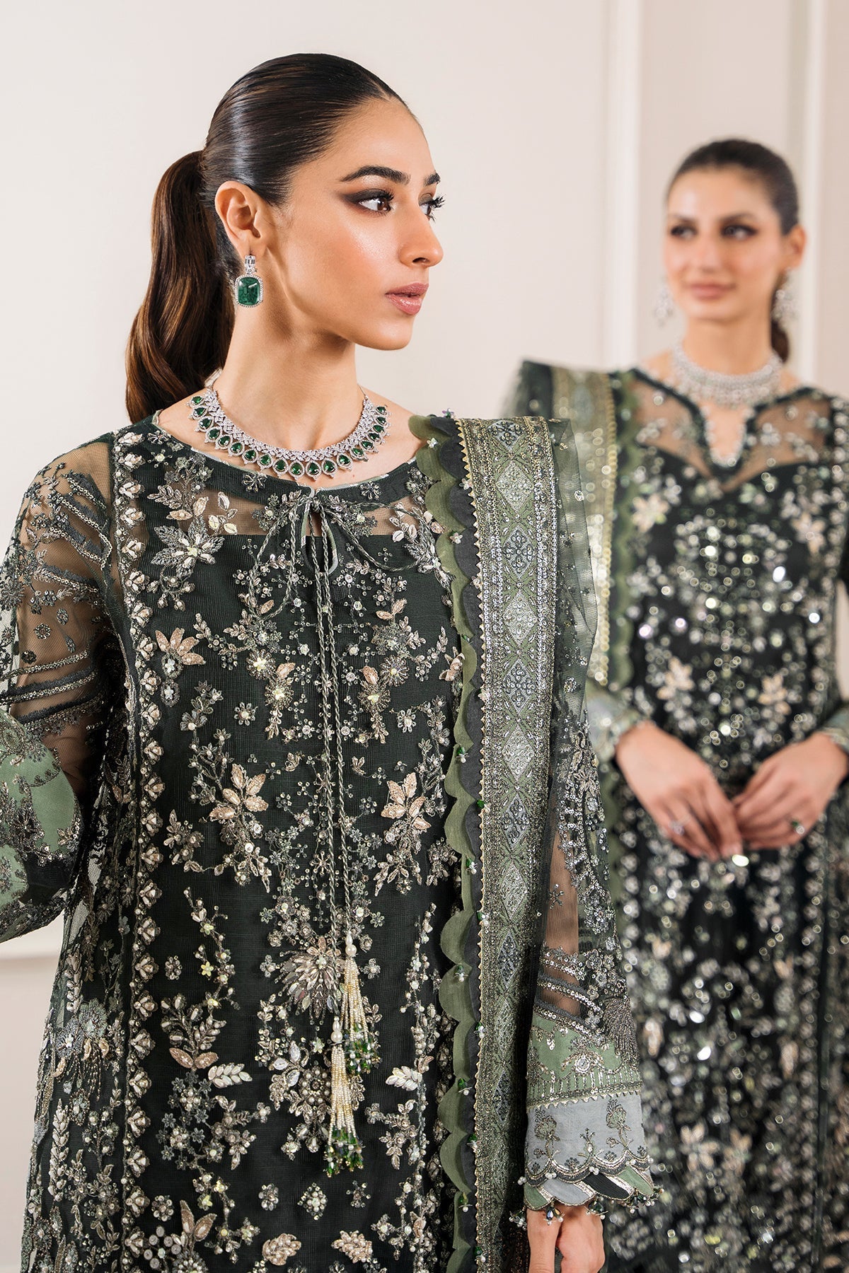Baroque CH12-05 Green Long Shirt with Sharara,Slit Shirt with Crushed Sharara for Formal Events - Pakistani Designer Wear for Women in UK | Kifat