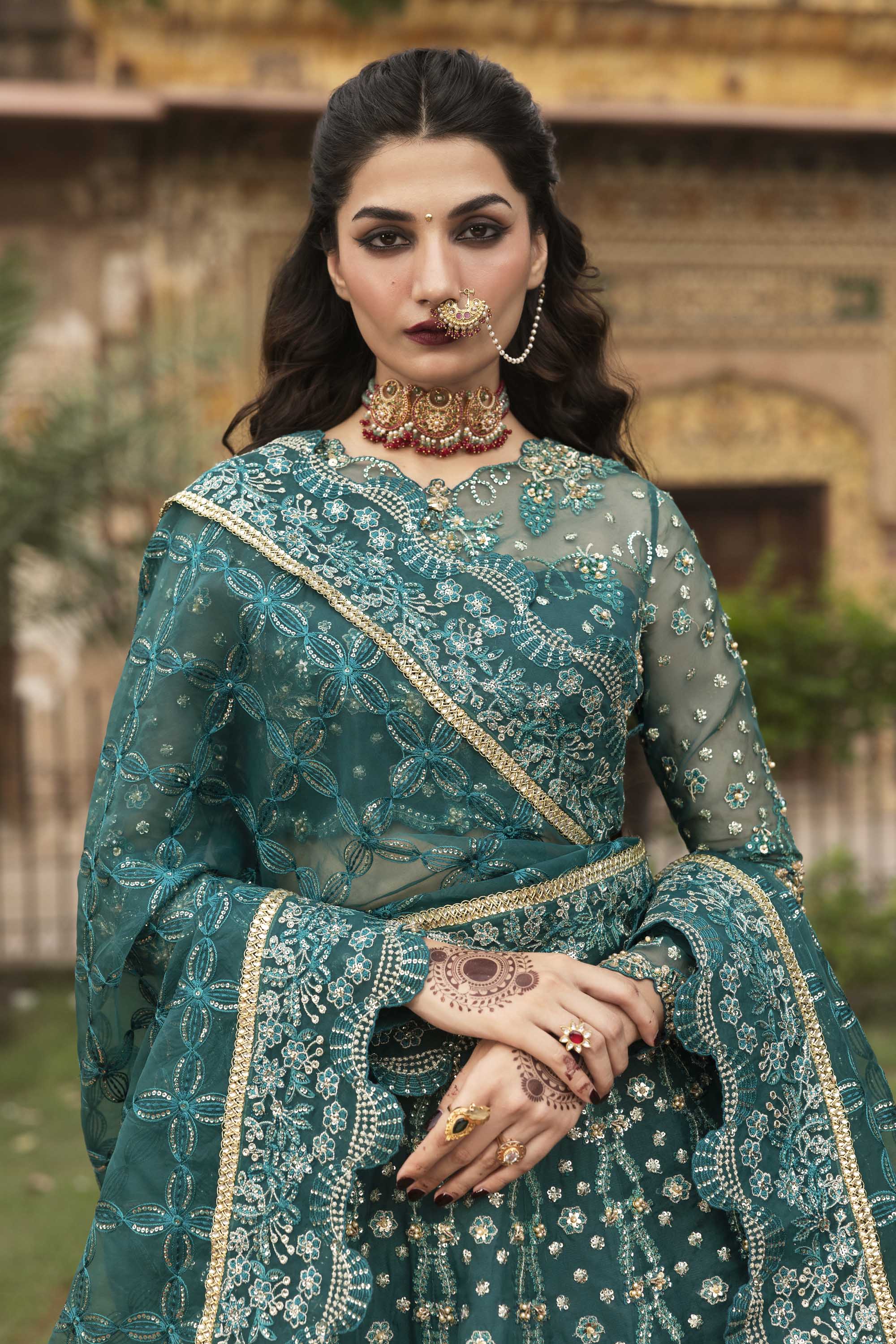 Women Wearing Gulnar Teal Lehnga Choli For Formals Events - Pakistani Designer Wear For Women In UK | Kifat