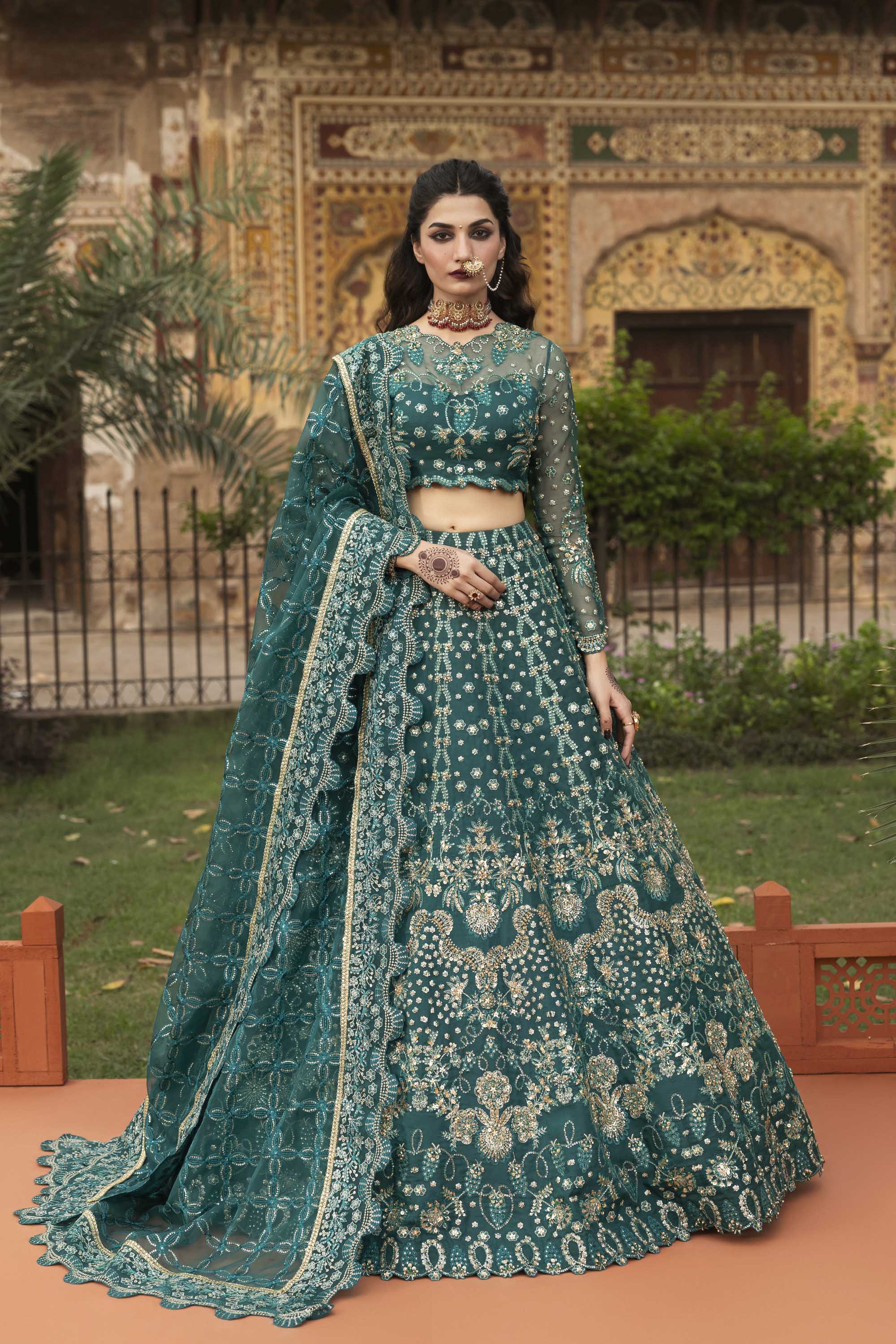 Women Wearing Gulnar Teal Lehnga Choli For Formals Events - Pakistani Designer Wear For Women In UK | Kifat