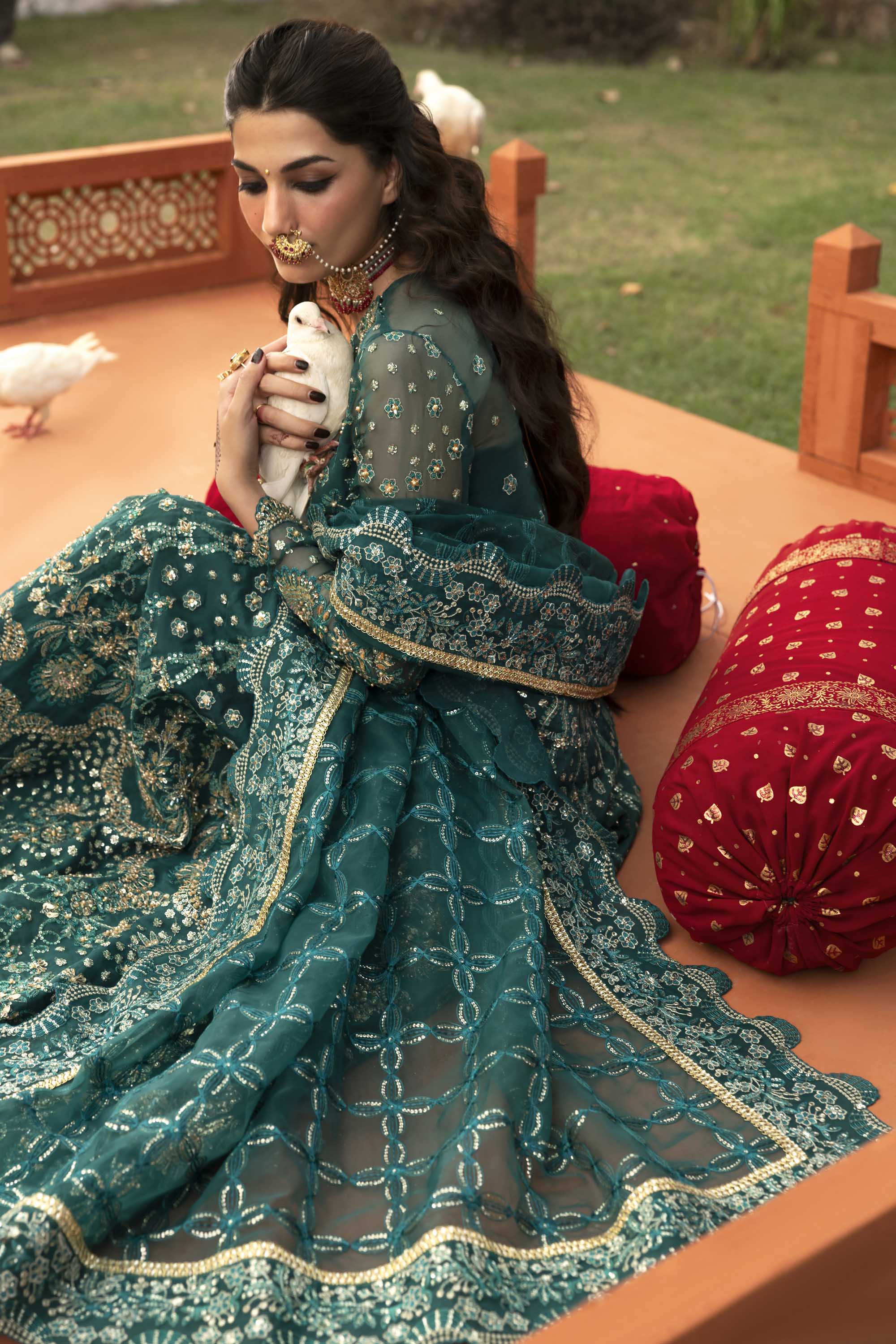 Women Wearing Gulnar Teal Lehnga Choli For Formals Events - Pakistani Designer Wear For Women In UK | Kifat