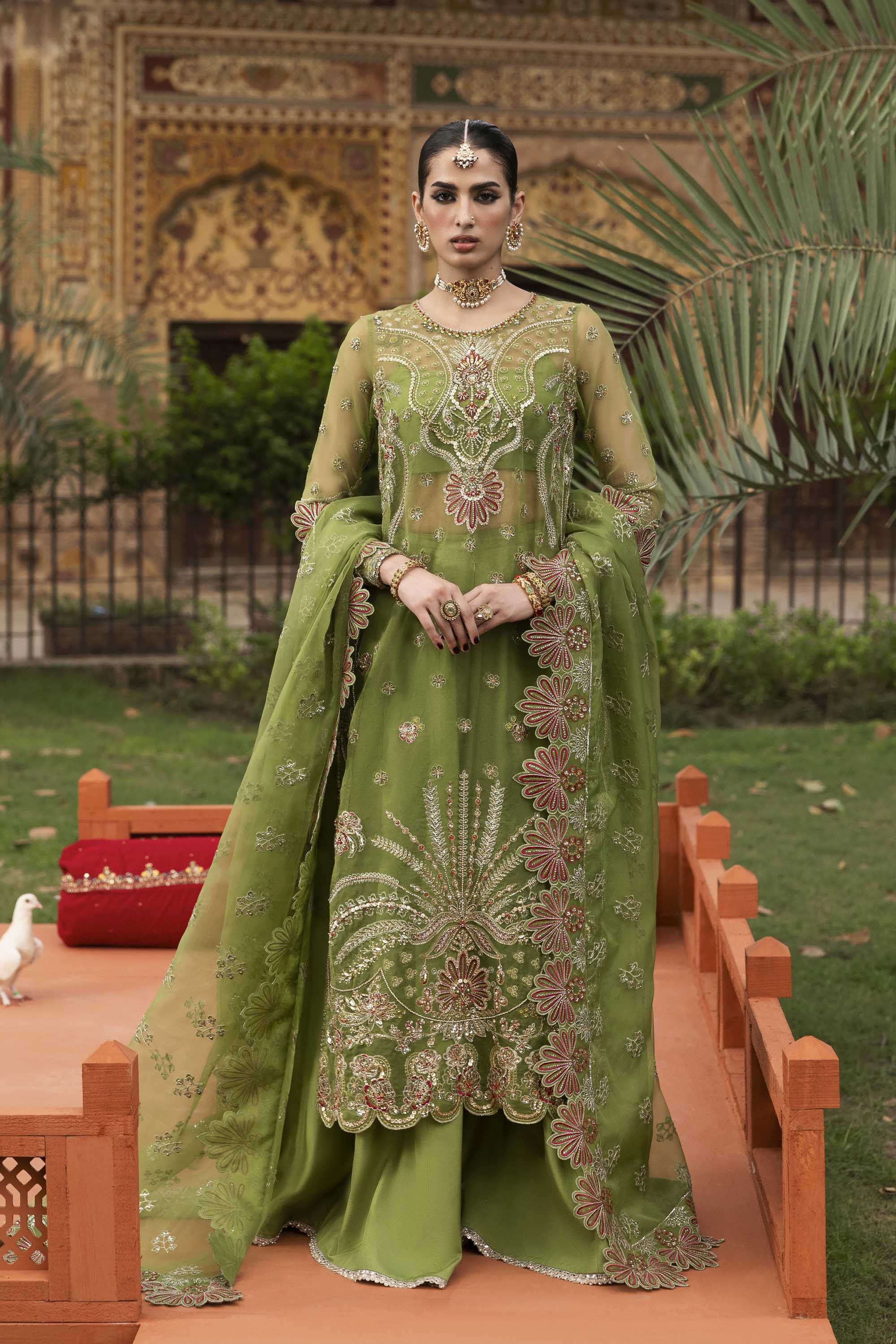 Women Wearing Ambenrin Mehndi Long Shirt For Formals Events - Pakistani Designer Wear For Women In UK | Kifat