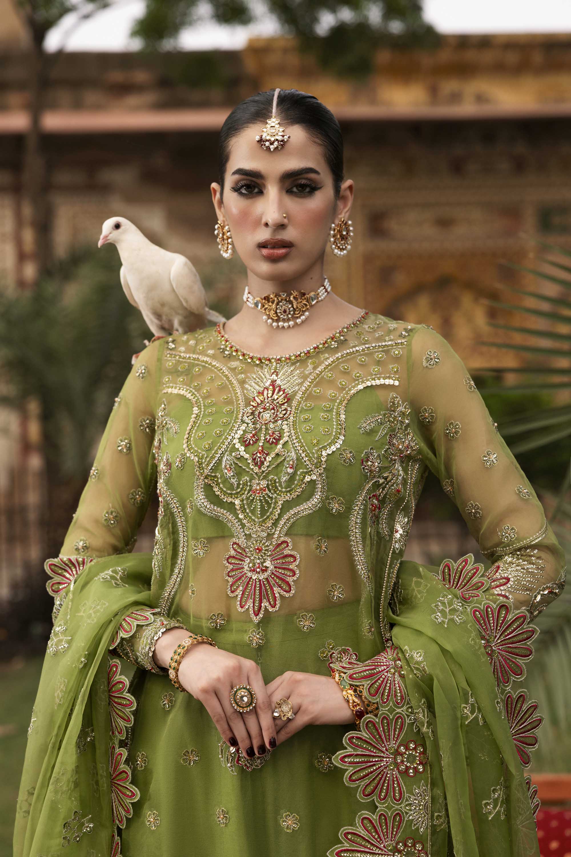 Women Wearing Ambenrin Mehndi Long Shirt For Formals Events - Pakistani Designer Wear For Women In UK | Kifat