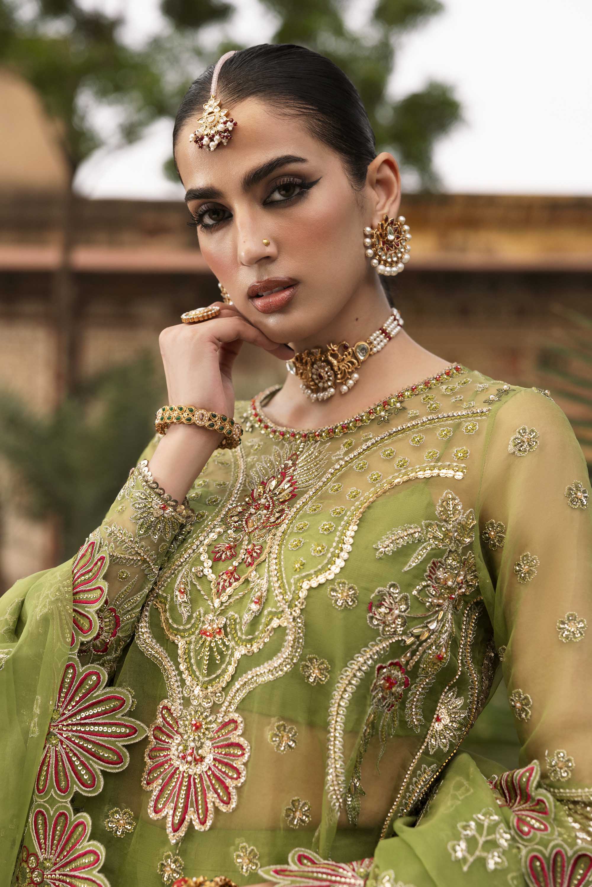 Women Wearing Ambenrin Mehndi Long Shirt For Formals Events - Pakistani Designer Wear For Women In UK | Kifat