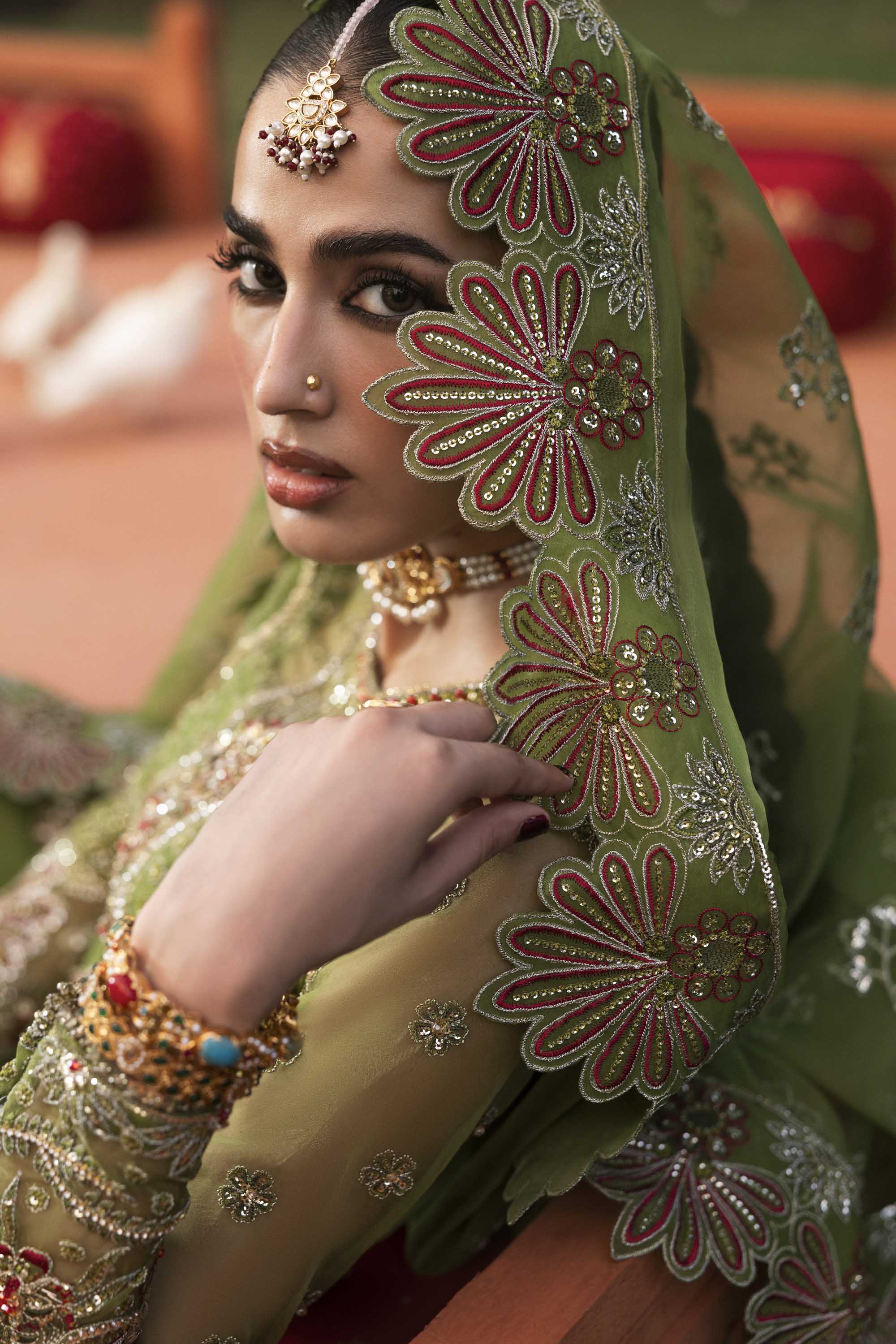Women Wearing Ambenrin Mehndi Long Shirt For Formals Events - Pakistani Designer Wear For Women In UK | Kifat