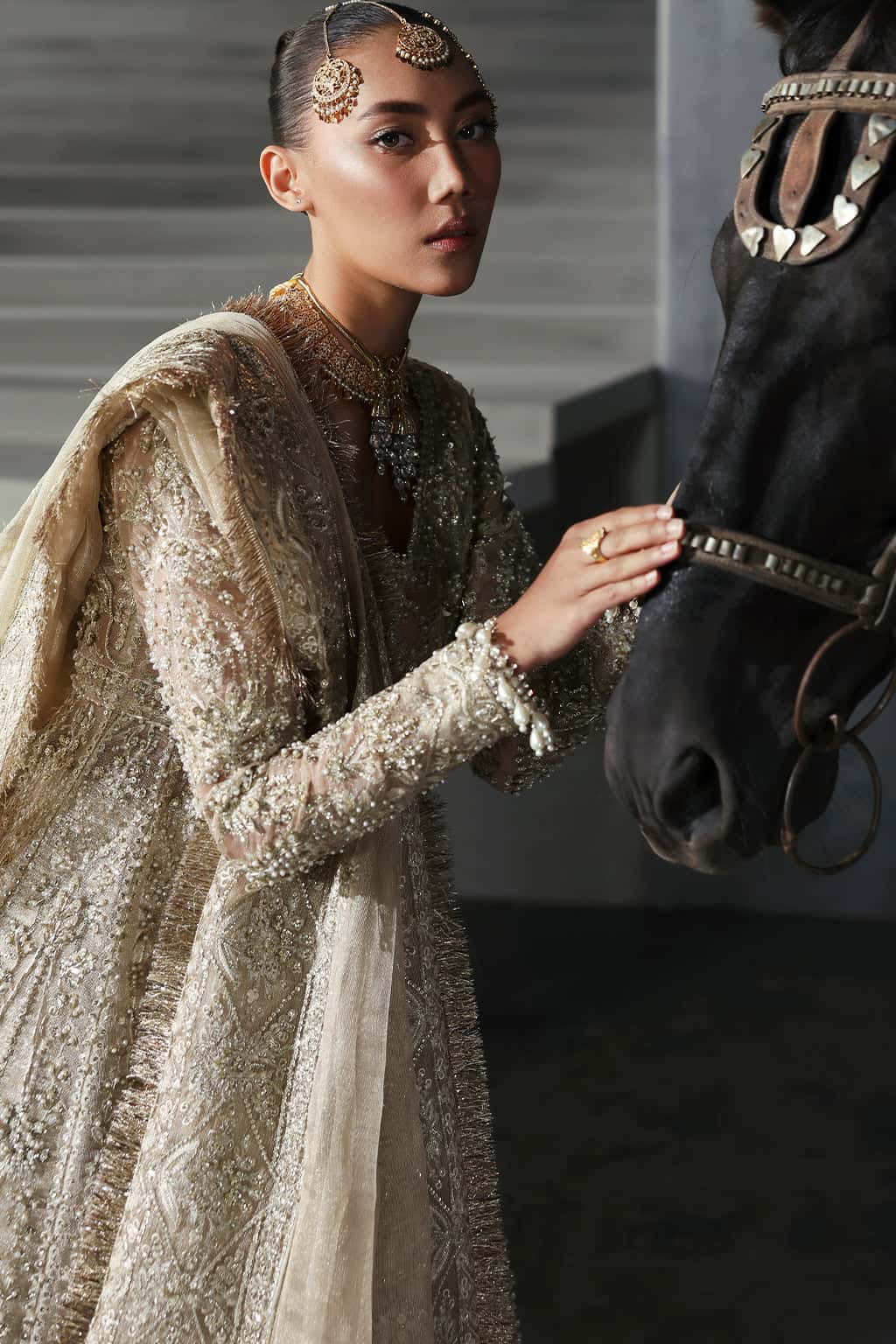 Women Wearing Bellezza Ivory Gold Lehnga  For Bridal Events - Pakistani Designer Wear For Women In Uk | Kifat