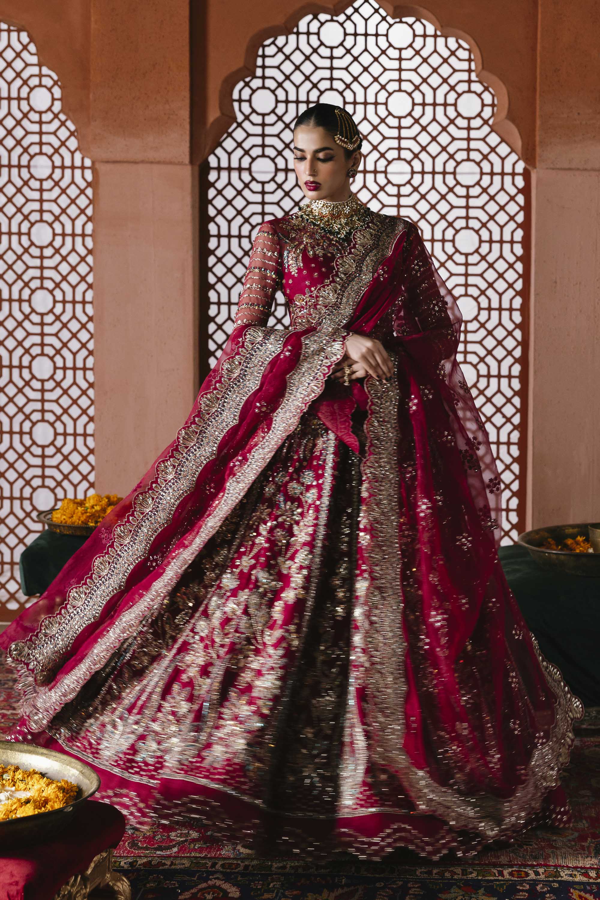 Women Wearing Jahanara Red Pink Peshwas For Formals Events - Pakistani Designer Wear For Women In UK | Kifat