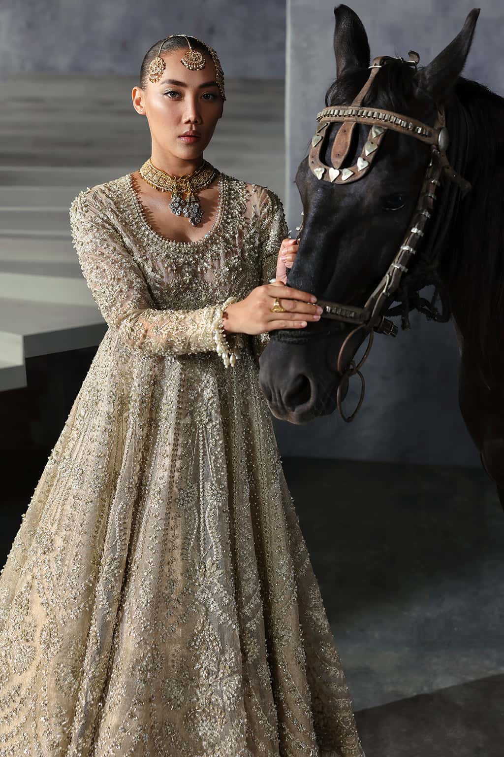 Women Wearing Bellezza Ivory Gold Lehnga  For Bridal Events - Pakistani Designer Wear For Women In Uk | Kifat