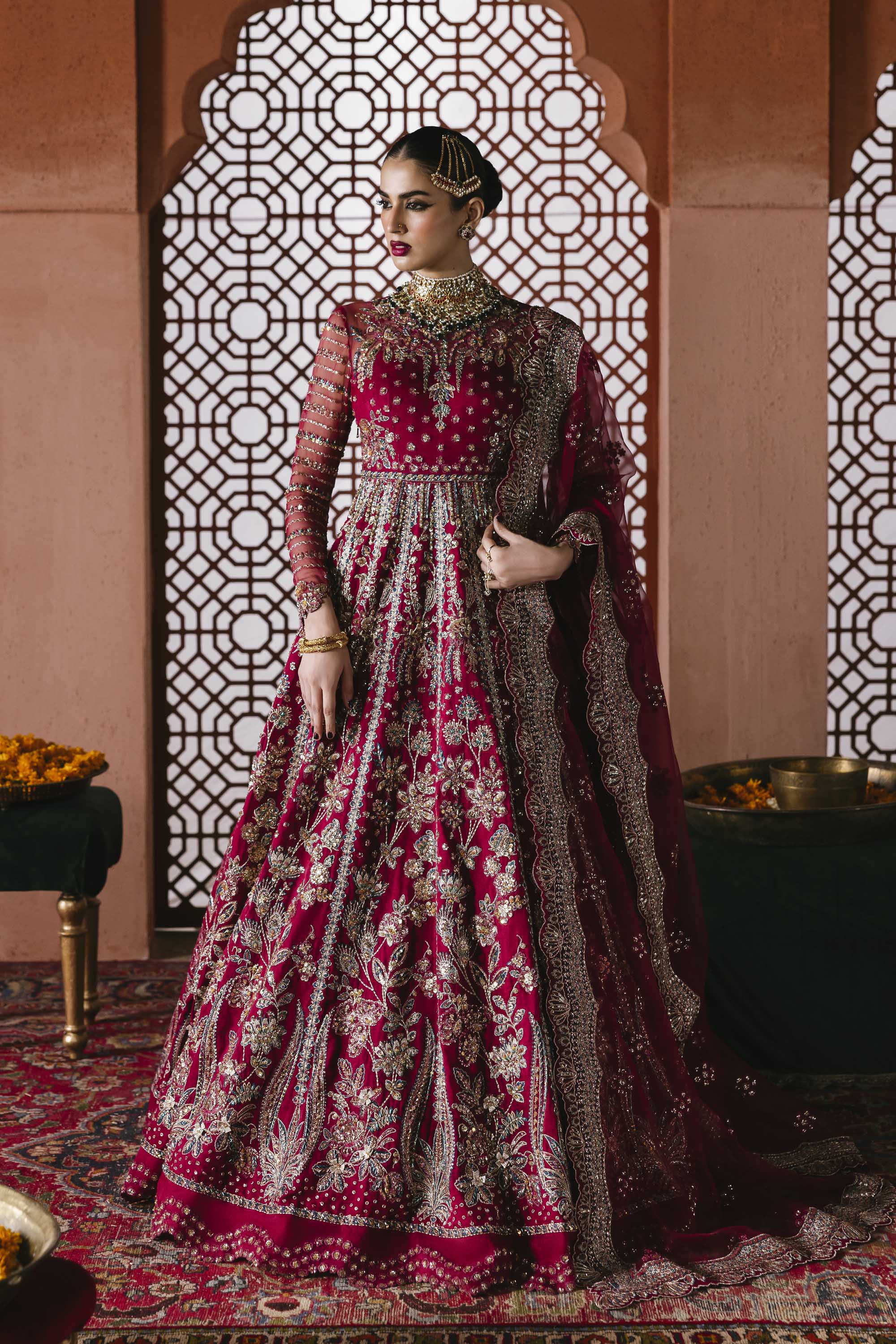 Women Wearing Jahanara Red Pink Peshwas For Formals Events - Pakistani Designer Wear For Women In UK | Kifat
