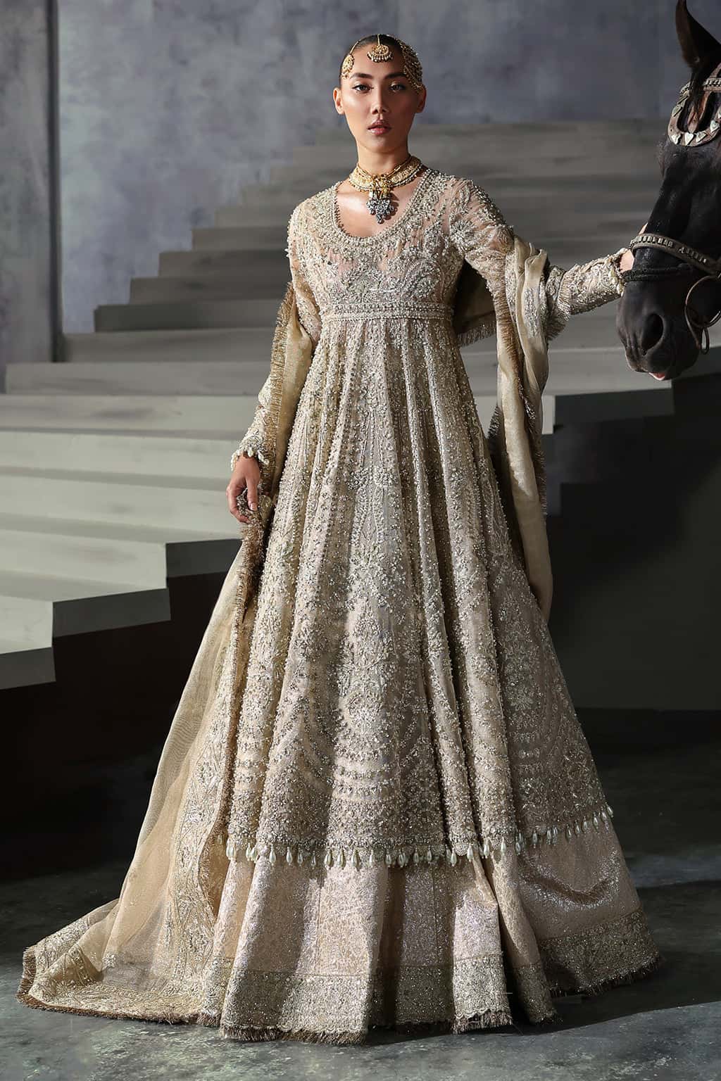 Women Wearing Bellezza Ivory Gold Lehnga  For Bridal Events - Pakistani Designer Wear For Women In Uk | Kifat