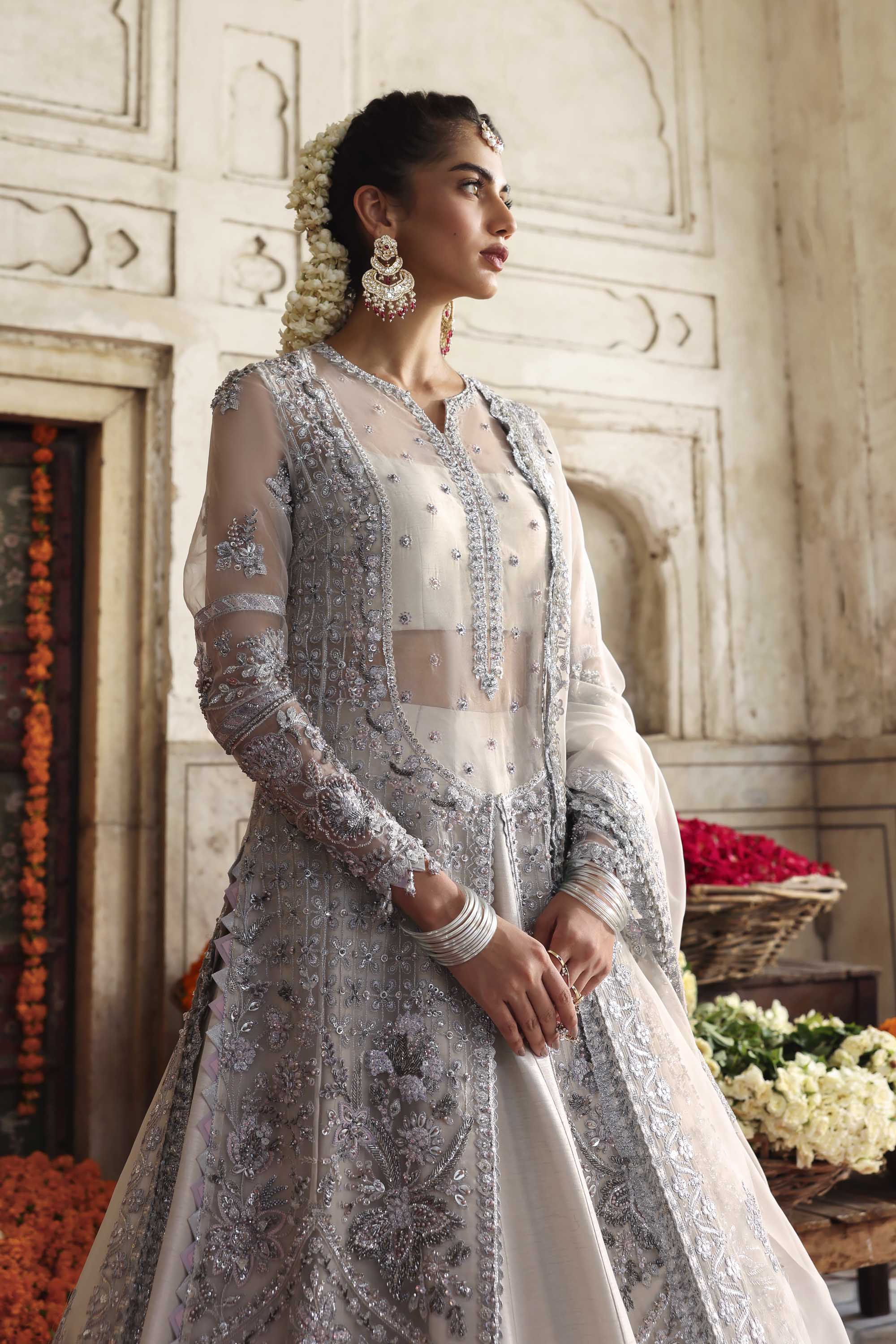 Women Wearing Safina Ivory Front Open Shirt For Formals Events - Pakistani Designer Wear For Women In UK | Kifat